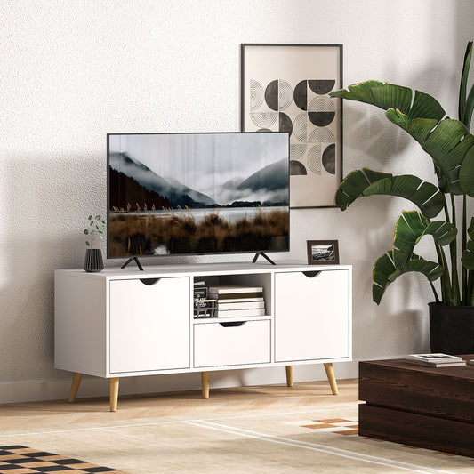 Mobilier TV de 50" cu Sertar, Raft Deschis și 2 Dulapuri, Mobilier TV cu 5 Picioare din Lemn, 110x40x50 cm, Alb