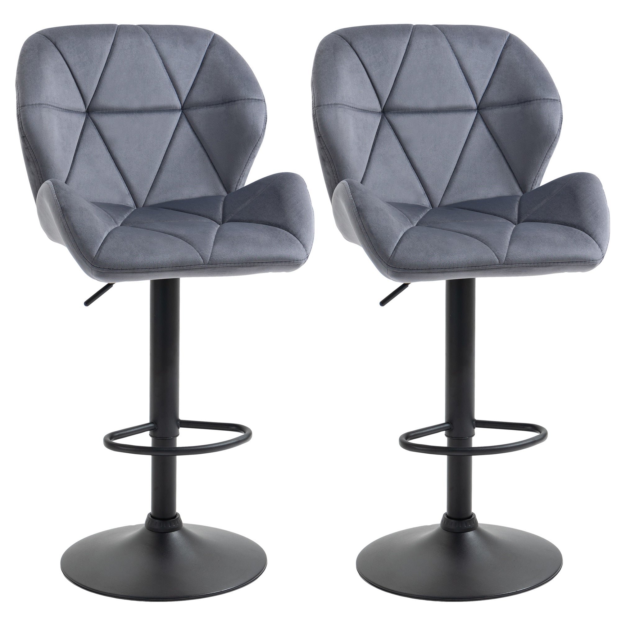 Set de 2 Scaune de Bar cu Înălțime Reglabilă, Bază Metalică și Șezut din Catifea, 51.5x57.5x93-114.5 cm, Gri