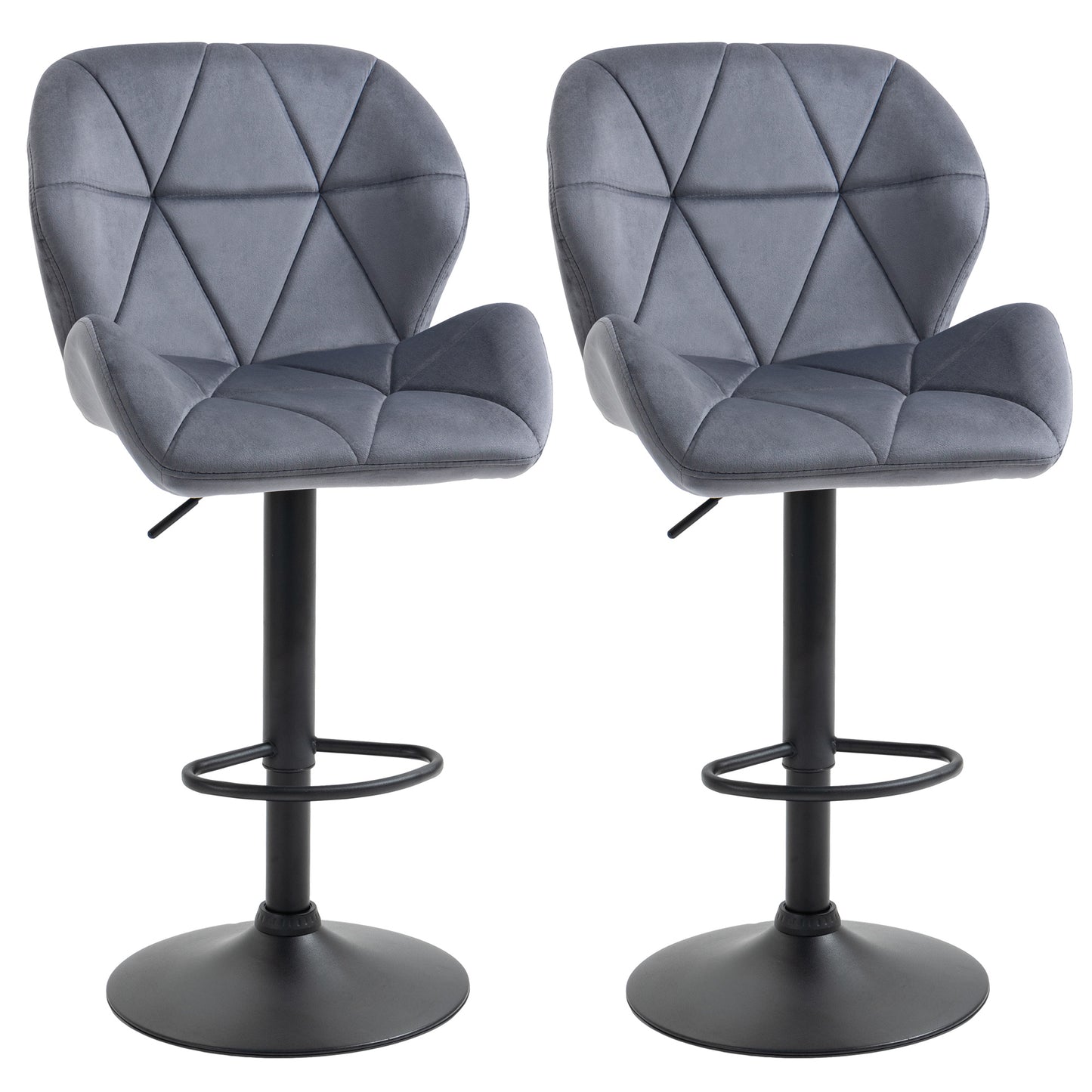 Set de 2 Scaune de Bar cu Înălțime Reglabilă, Bază Metalică și Șezut din Catifea, 51.5x57.5x93-114.5 cm, Gri
