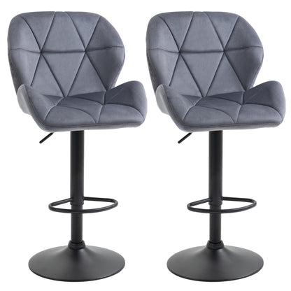 Set de 2 Scaune de Bar cu Înălțime Reglabilă, Bază Metalică și Șezut din Catifea, 51.5x57.5x93-114.5 cm, Gri