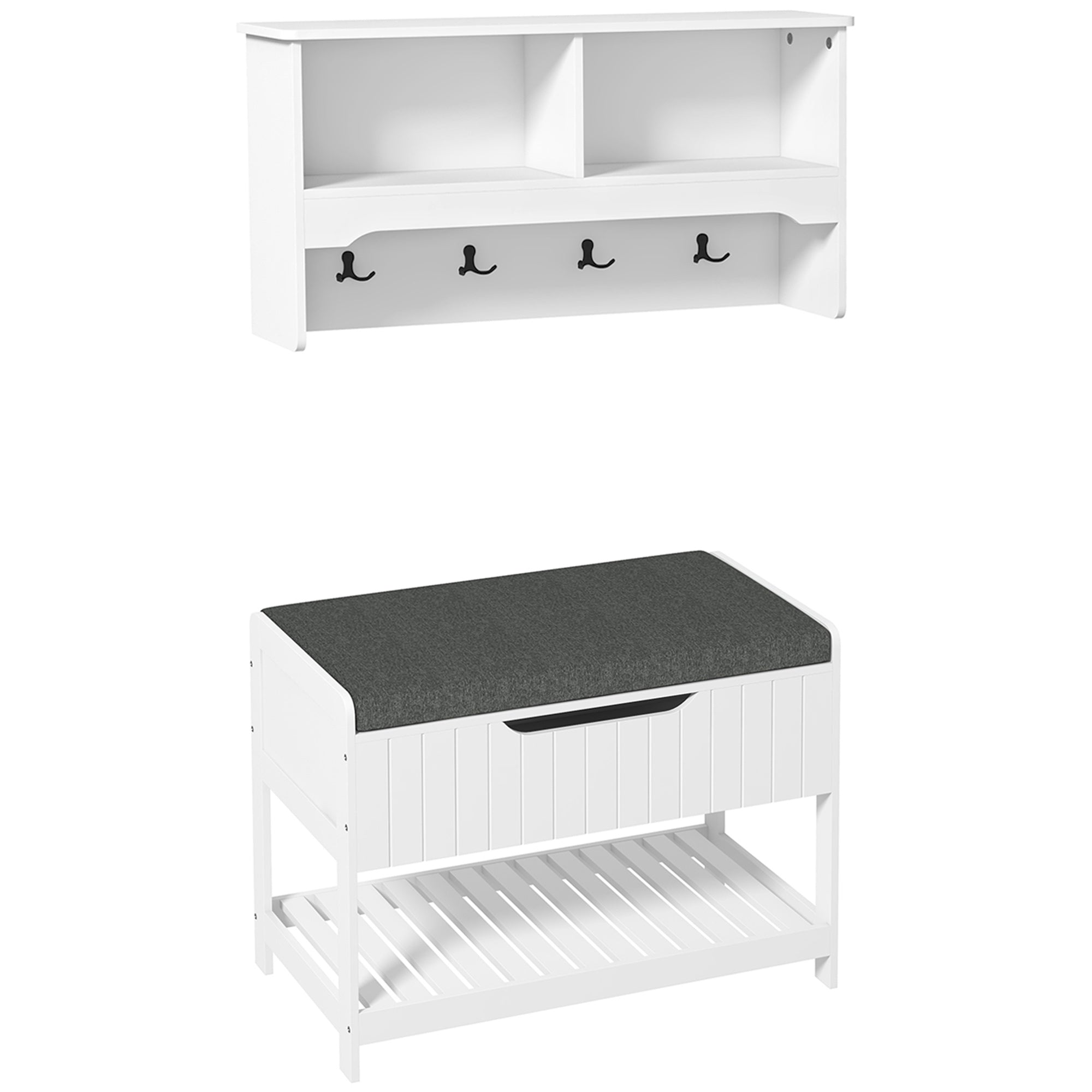 Mobila Cuier de Perete cu Banca Suport pentru Pantofi Dotata cu Cuburi de Perete, 4 Carlige si Raft Retractabil, 80x20x40 cm, Alb