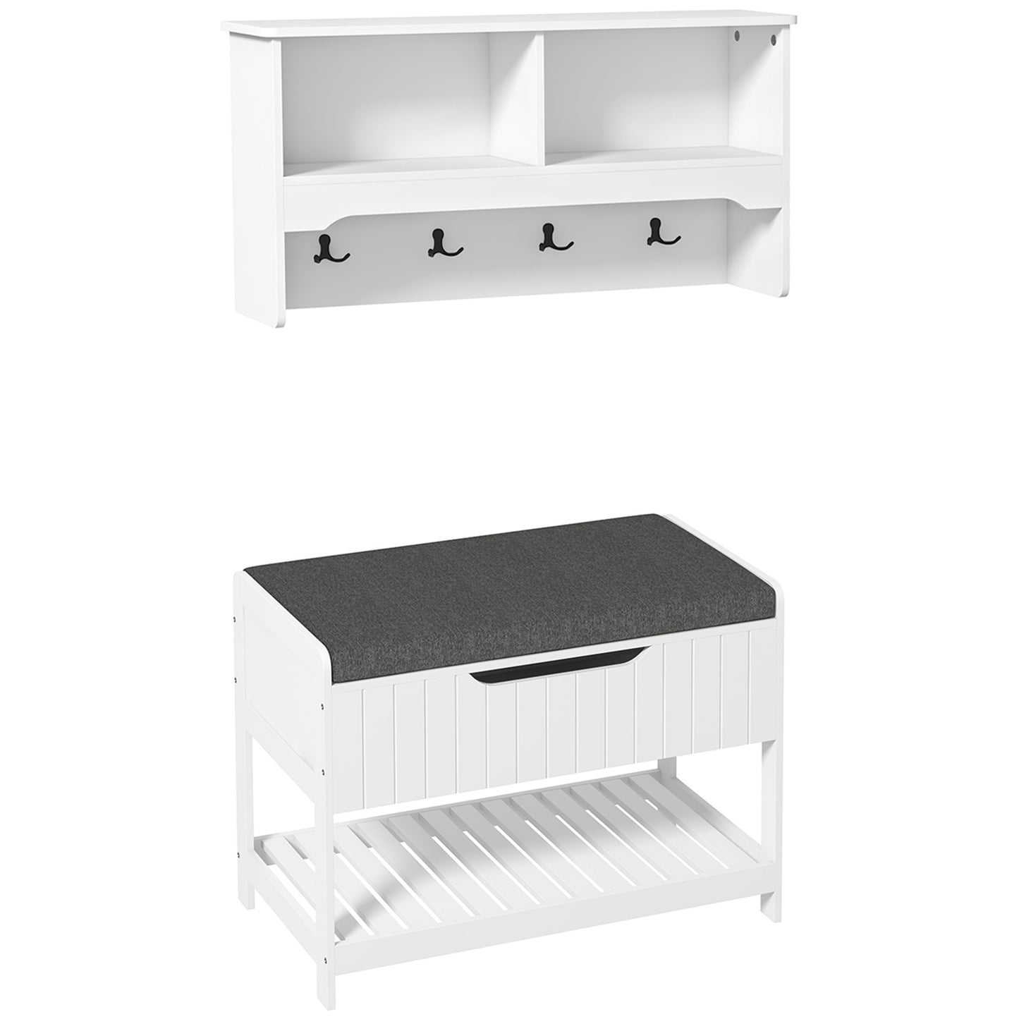 Mobila Cuier de Perete cu Banca Suport pentru Pantofi Dotata cu Cuburi de Perete, 4 Carlige si Raft Retractabil, 80x20x40 cm, Alb