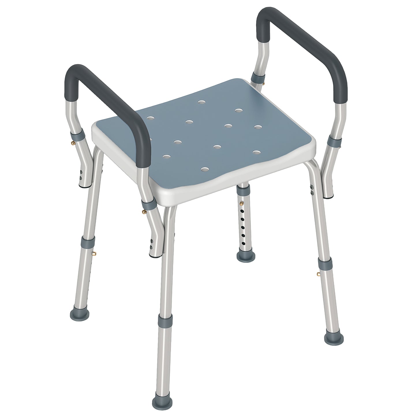 Taburet pentru Duș Reglabil cu Brațe și Orificii de Drenaj, din Aluminiu, HDPE și EVA, 52x45x57-69 cm