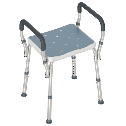 Taburet pentru Duș Reglabil cu Brațe și Orificii de Drenaj, din Aluminiu, HDPE și EVA, 52x45x57-69 cm