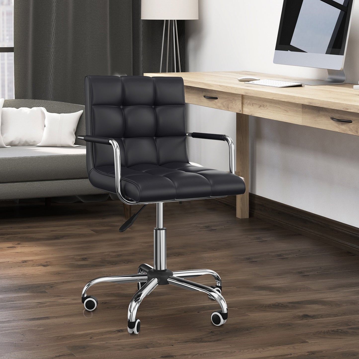 Scaun de Birou Rotativ, Scaun Ergonomic cu Brațe din Piele Ecologică, pentru Calculator și Studiu, Negru, 52.5x54x94cm