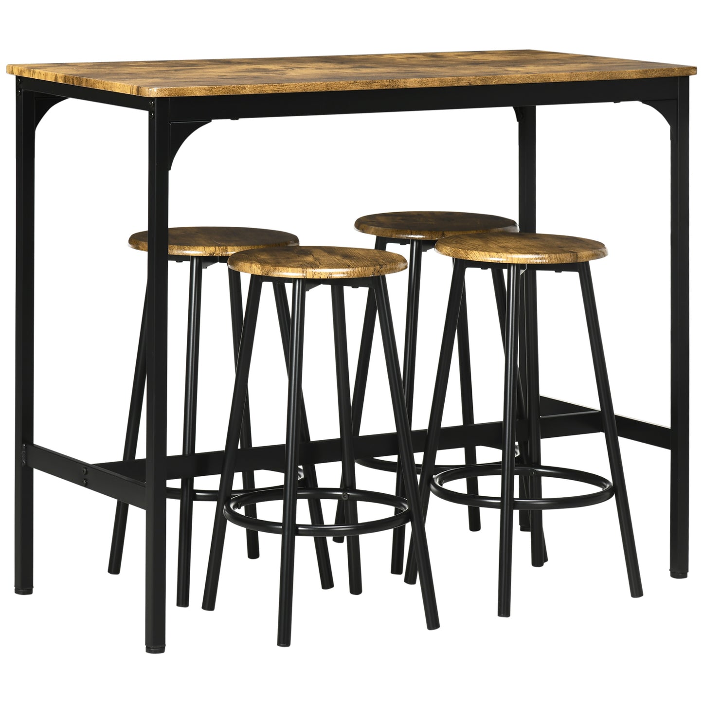 Set de masa si scaune de bar 5 piese, Masa industriala cu economie de spatiu si 4 scaune rotunde de bar cu cadru metalic pentru bar, sufragerie, Maro rustic