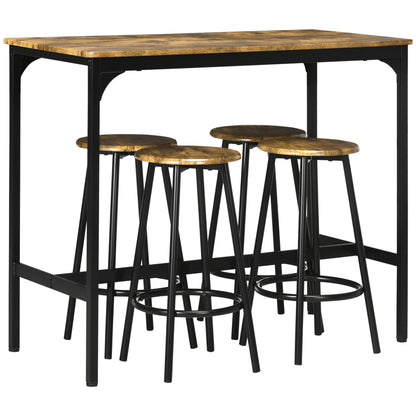 Set de masa si scaune de bar 5 piese, Masa industriala cu economie de spatiu si 4 scaune rotunde de bar cu cadru metalic pentru bar, sufragerie, Maro rustic