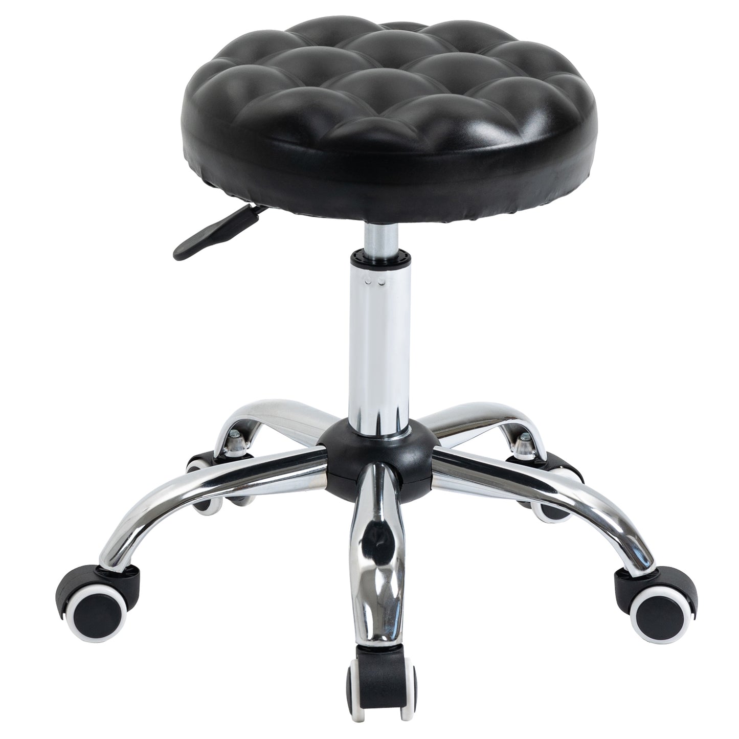 Taburet  Reglabil pe Inaltime cu 5 Roti Pivotante, din Otel, Spuma de Cauciuc si Imitatie de Piele, Ф48x47-59lcm, Negru