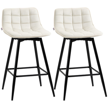 Set de 2 scaune de bar cu spatar si suport pentru picioare, scaune inalte tapitate in stil nordic din metal si catifea, alb-crem, 45x47x84 cm