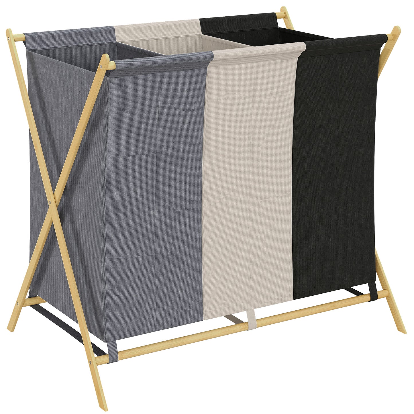 Coș de Rufe Pliabil cu 3 Compartimente, din Bambus și Material cu Efect de In, 75x48x67 cm, Multicolor