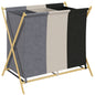 Coș de Rufe Pliabil cu 3 Compartimente, din Bambus și Material cu Efect de In, 75x48x67 cm, Multicolor
