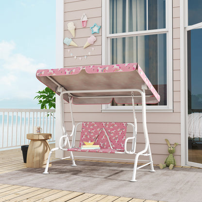 Leagăn pentru Copii de Exterior cu 2 Locuri, Acoperiș Reglabil și Centuri de Siguranță, Leagăn Grădină și Interior din Oțel și Material Oxford, Max 60 kg, 112x75x120 cm, Roz