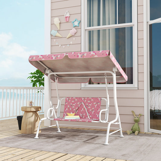 Leagăn pentru Copii de Exterior cu 2 Locuri, Acoperiș Reglabil și Centuri de Siguranță, Leagăn Grădină și Interior din Oțel și Material Oxford, Max 60 kg, 112x75x120 cm, Roz