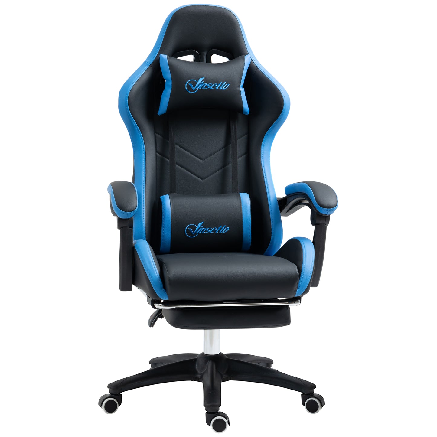 Scaun de gaming din piele ecologica PU si otel cu inaltime reglabila si spatar inclinabil, 65x65x121-129 cm, albastru si negru