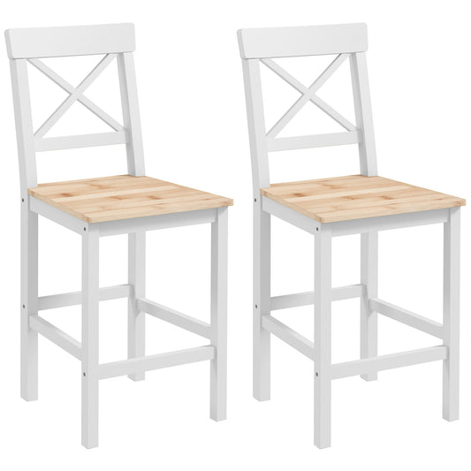 Set de 2 Taburete de Bar, Taburete de Bucătărie Înaltă cu Spătar Înalt, Suporturi pentru Picioare, din Lemn de Pin, Natural și Alb