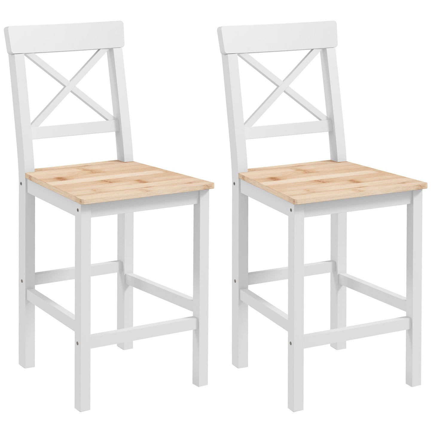 Set de 2 Taburete de Bar, Taburete de Bucătărie Înaltă cu Spătar Înalt, Suporturi pentru Picioare, din Lemn de Pin, Natural și Alb