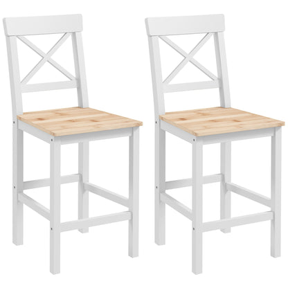 Set de 2 Taburete de Bar, Taburete de Bucătărie Înaltă cu Spătar Înalt, Suporturi pentru Picioare, din Lemn de Pin, Natural și Alb
