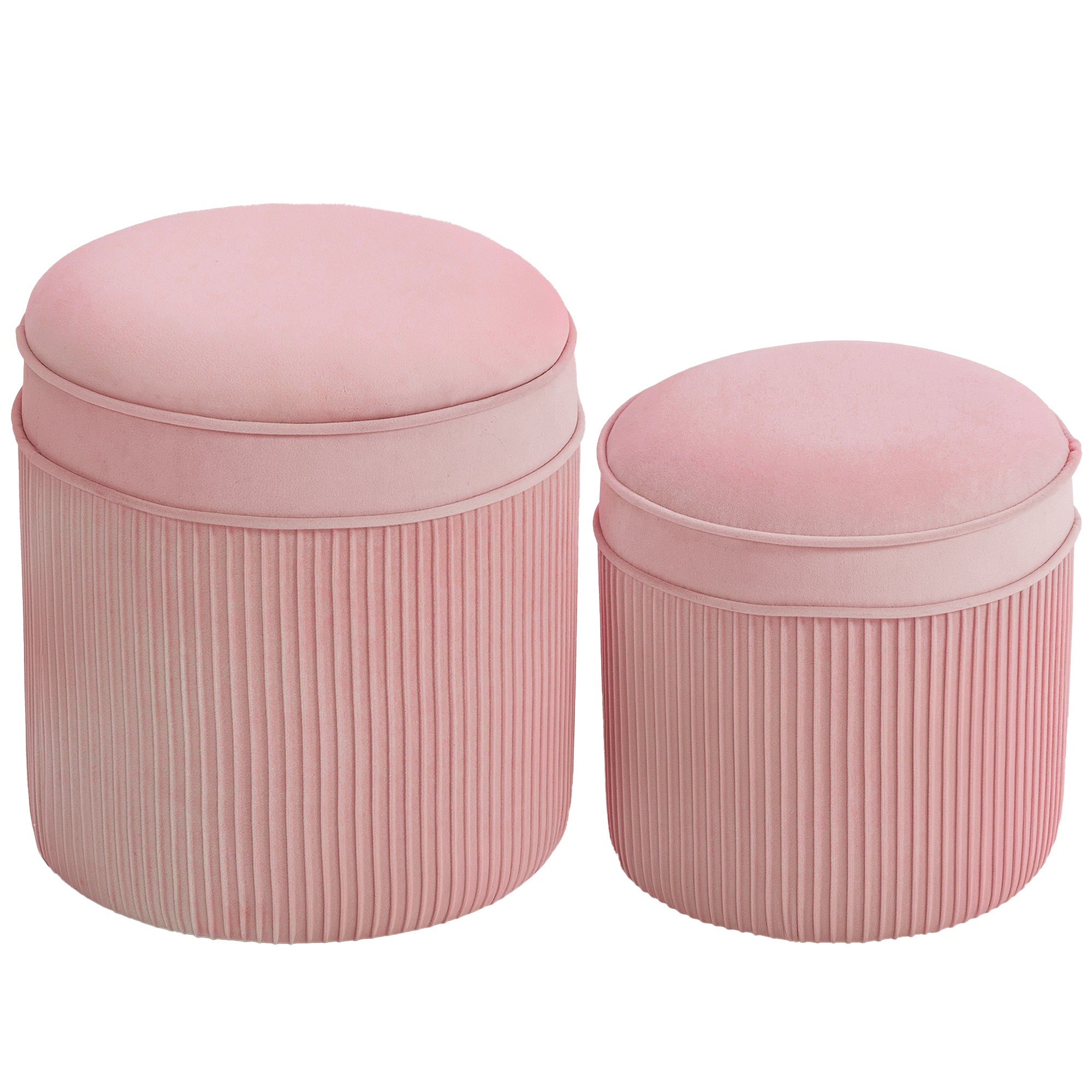 Set 2 Taburete Rotunde Stivuibile și Tapițate, cu Huse din Catifea și Spațiu de Depozitare de 34.8L, Roz