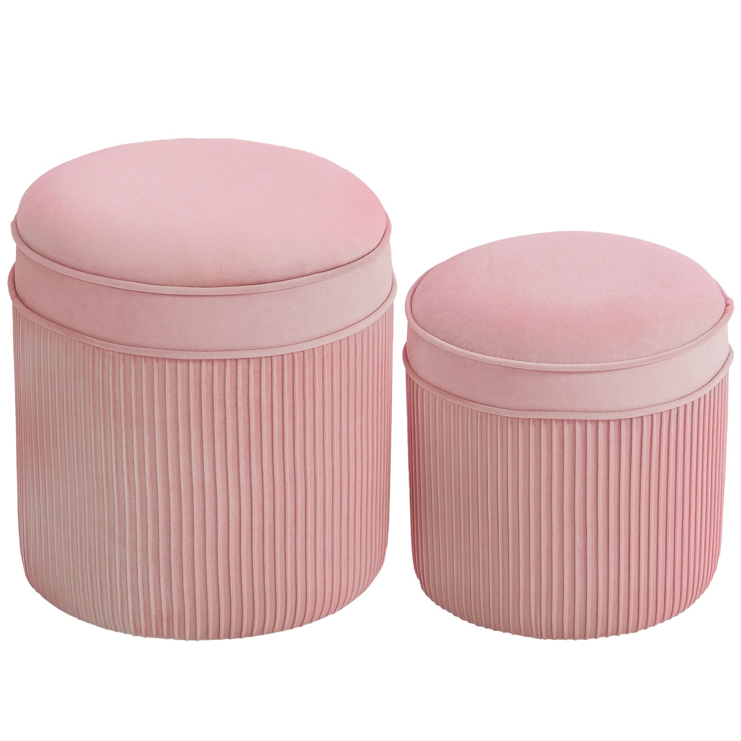 Set 2 Taburete Rotunde Stivuibile și Tapițate, cu Huse din Catifea și Spațiu de Depozitare de 34.8L, Roz