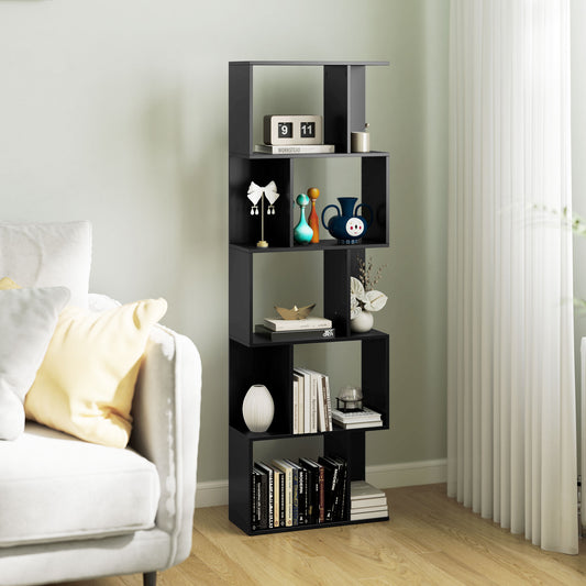 Bibliotecă mobilă modernă cu 5 rafturi din lemn, design modern, 60x24x184,5 cm, negru