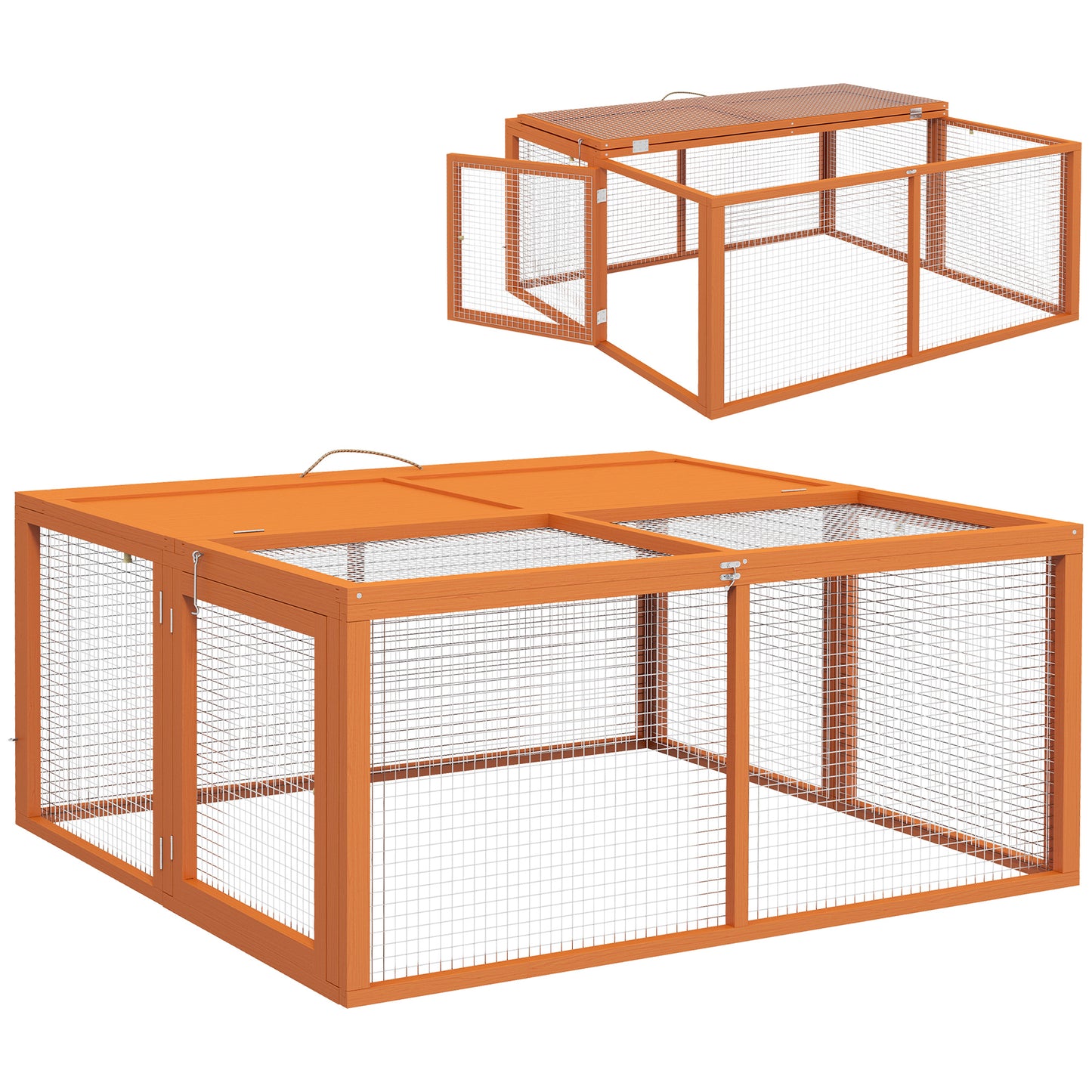Cușcă pliabilă de exterior pentru 2-3 rozătoare, cu multiple intrări, din lemn și oțel, 110x105x50 cm, portocaliu