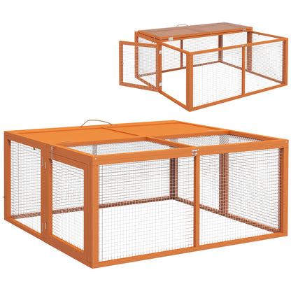 Cușcă pliabilă de exterior pentru 2-3 rozătoare, cu multiple intrări, din lemn și oțel, 110x105x50 cm, portocaliu