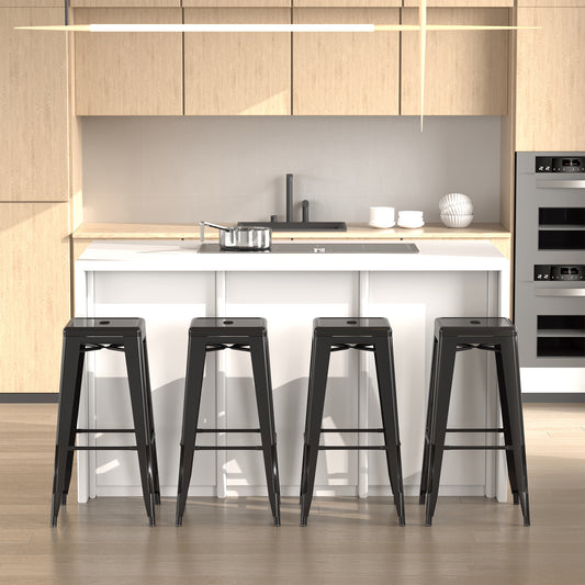 Set 4 Scaune de Bar din Metal cu Suport pentru Picioare pentru Interior si Exterior, 43x43x76 cm, Negru