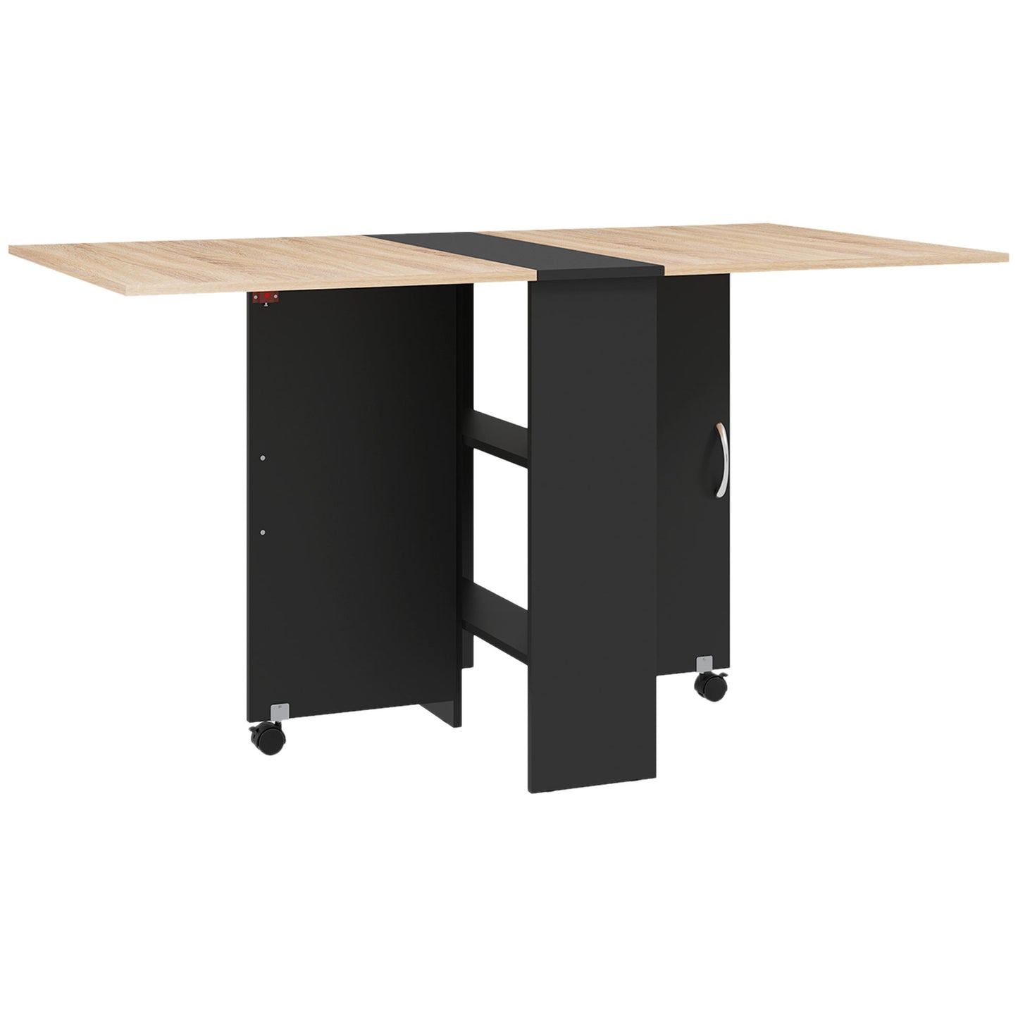 Masă pliabilă tip consolă pentru 4-6 persoane cu roți și rafturi, 140x75x74cm, Stejar și Negru