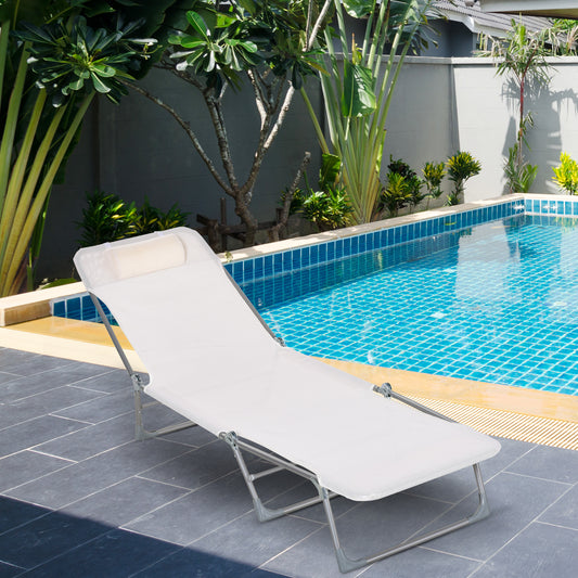Șezlong Pliabil cu Spătar Reglabil în 5 Poziții și Pernă, Șezlong de Grădină cu Material Textil Respirabil, pentru Plajă, Piscină, Grădină, 182x56x28 cm, Crem