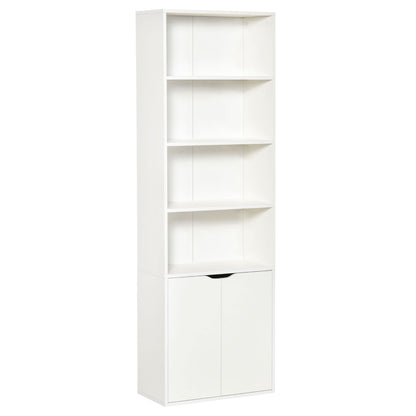 Bibliotecă Modernă cu 4 Rafturi și Dulăpior cu 2 Uși, Etajeră Verticală din Lemn pentru Cărți și Depozitare, 59x29x180 cm, Albă