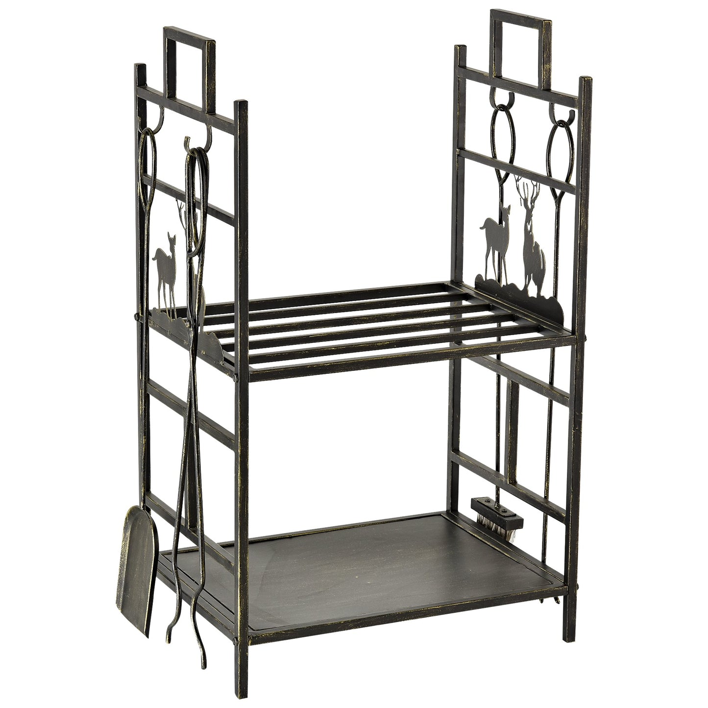 Suport Lemne de Foc din Fier Forjat cu Instrumente pentru Semineu si Manere, Baza Suport Lemne Inaltata si Decorata, 51.5x33x77cm - Negru
