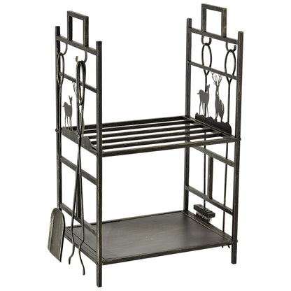 Suport Lemne de Foc din Fier Forjat cu Instrumente pentru Semineu si Manere, Baza Suport Lemne Inaltata si Decorata, 51.5x33x77cm - Negru