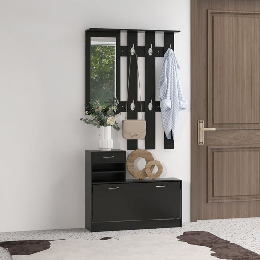 Mobilier de hol cu cuier, pantofar, oglindă, din PAL, 90x10x102 cm, negru