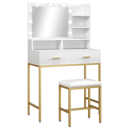Măsuță de Toaletă cu Oglindă, 2 Sertare, 5 Rafturi și Taburet, din MDF și PAL, 80x40x138 cm, Alb