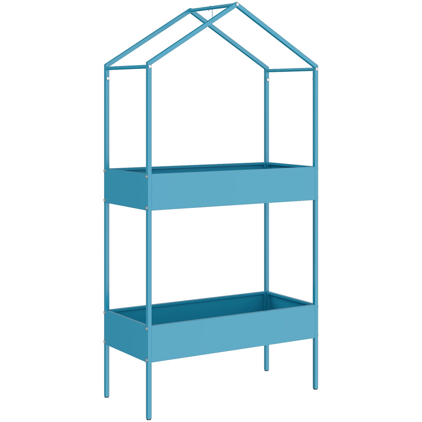 Suport pentru Ghivece pe 2 Niveluri din Metal în Formă de Căsuță, Etajeră pentru Plante cu Agățătoare, pentru Interior și Exterior, 75x35x150 cm, Albastru-Verde