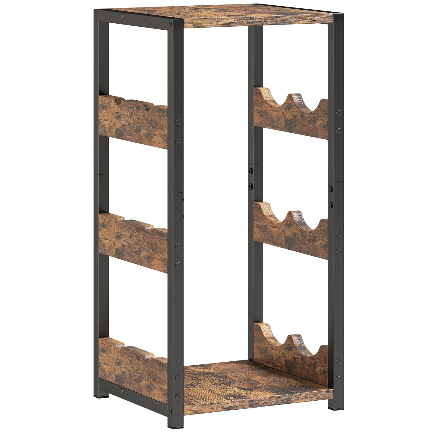 Suport pentru Sticle, Rafturi Ondulate, Picioare Reglabile, Maro Rustic, Negru