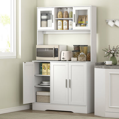 Servantă de Bucătărie înaltă de 180 cm, Dulap Dispensa cu 4 Dulapuri, Uși din Sticlă Securizată, 2 Rafturi Deschise, Rafturi Reglabile, Blat pentru Cuptorul cu Microunde, pentru Sala de Prânz sau Living, Alb