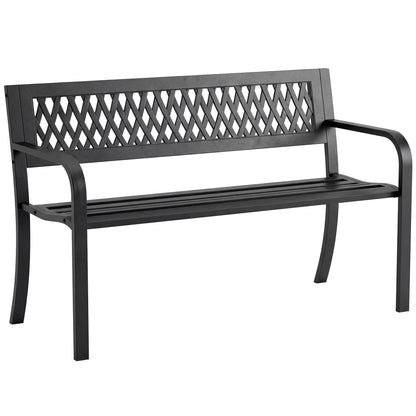 Bancă de Grădină pentru Exterior, Bancă de Patio cu Brațe și Șezut cu Lamele, 2 Locuri pentru Grădină, Parc, Balcon, Mobilier Exterior, Negru