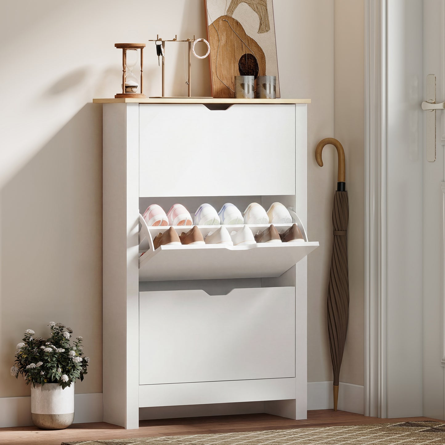 Dulap pentru Pantofi Slim pentru 18 Perechi de Pantofi, 3 Sertare cu 2 Rafturi Reglabile și Detasabile, 72x26x112 cm, Alb