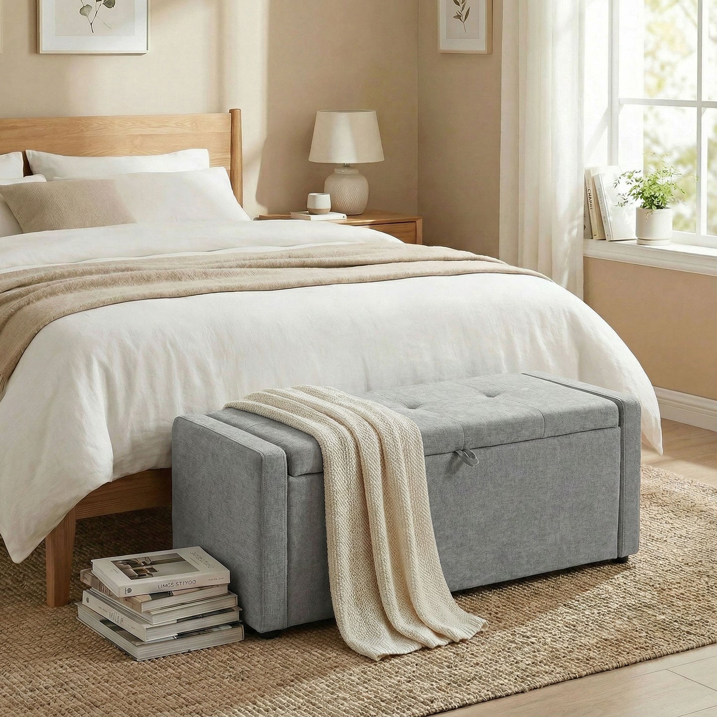 , Bancă cu Spațiu de Depozitare, Pentru Dormitor, Material textil cu efect de in, 122 x 48 x 44 cm, Gri Deschis
