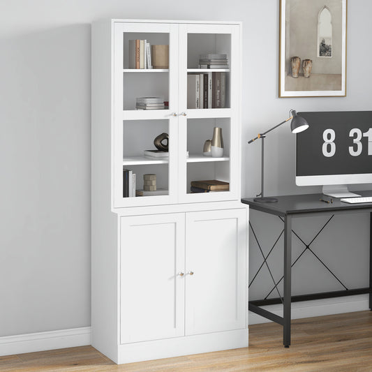 Mobilier de Bibliotecă cu 2 Dulapuri, Rafturi Regulabile și Uși din Sticlă, 76x40x178.5 cm, Alb
