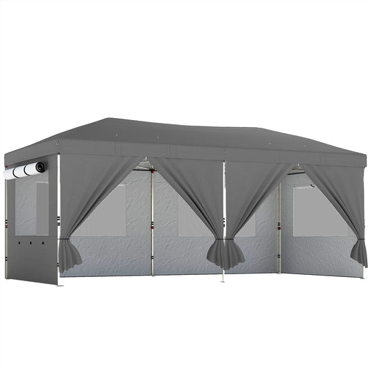 Foișor Pliabil 3x6m Pop-Up cu 6 Pereți Laterali, Foișor de Grădină Reglabil pe Înălțime cu Saci de Nisip, Geantă cu Roți, UV50+ pentru Exterior, Gri Închis