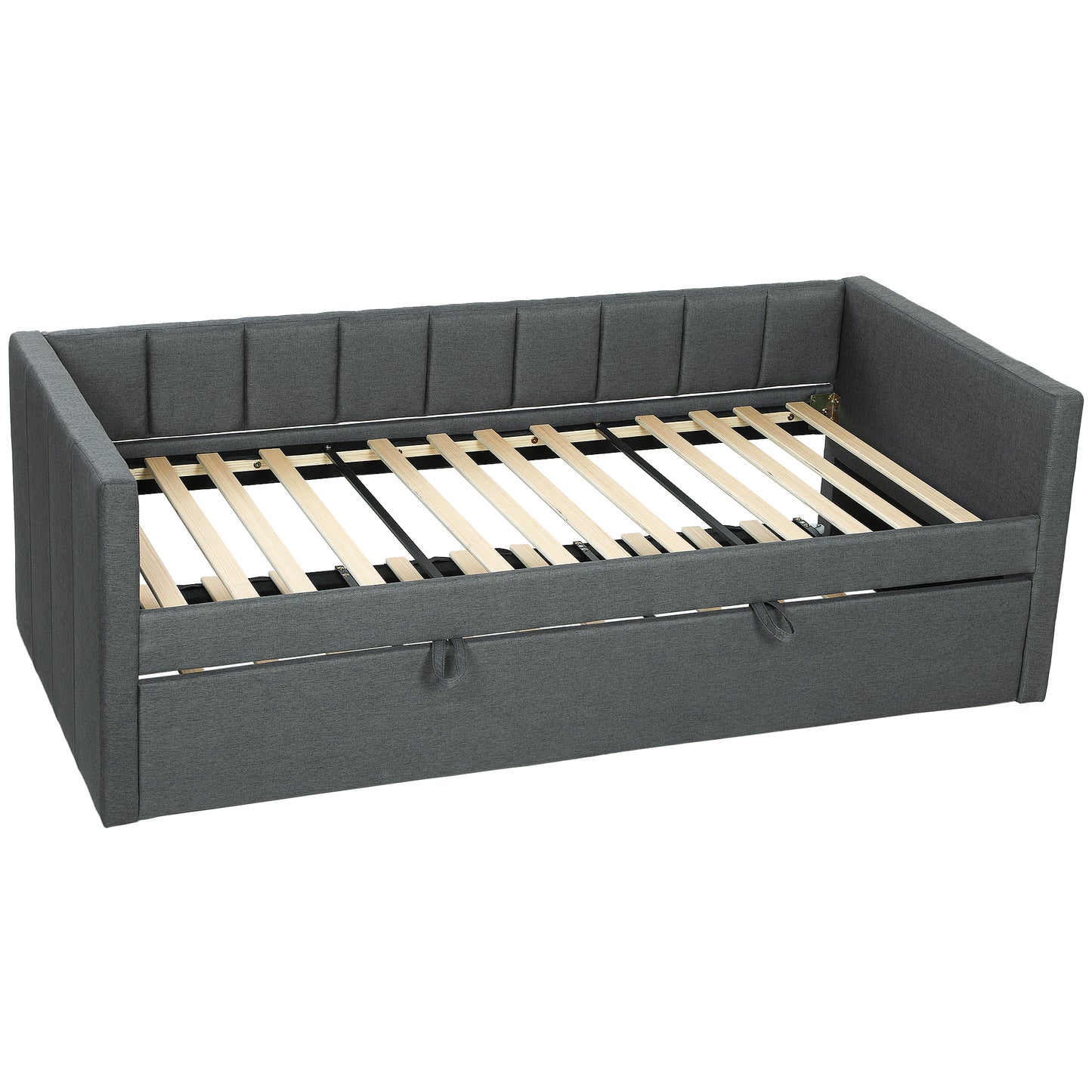 Cadru Pat de O Persoană 90x190 cm, Canapea cu Al Doilea Pat Extensibil, Tăblie Căptușită, Cotiere, Șipci de Lemn de Plop, pentru Cameră, Sufragerie, Gri Închis