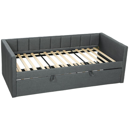 Cadru Pat de O Persoană 90x190 cm, Canapea cu Al Doilea Pat Extensibil, Tăblie Căptușită, Cotiere, Șipci de Lemn de Plop, pentru Cameră, Sufragerie, Gri Închis