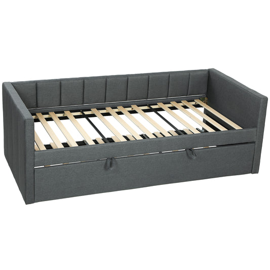 Cadru Pat de O Persoană 90x190 cm, Canapea cu Al Doilea Pat Extensibil, Tăblie Căptușită, Cotiere, Șipci de Lemn de Plop, pentru Cameră, Sufragerie, Gri Închis