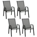 Set de 4 Scaune de Grădină Stivuibile, Scaune de Exterior cu Cotiere din Metal și Țesătură Respirabilă, 54x75.5x95 cm, Gri
