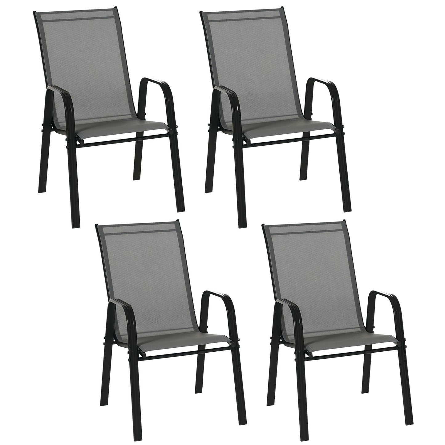 Set de 4 Scaune de Grădină Stivuibile, Scaune de Exterior cu Cotiere din Metal și Țesătură Respirabilă, 54x75.5x95 cm, Gri