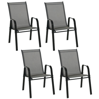 Set de 4 Scaune de Grădină Stivuibile, Scaune de Exterior cu Cotiere din Metal și Țesătură Respirabilă, 54x75.5x95 cm, Gri