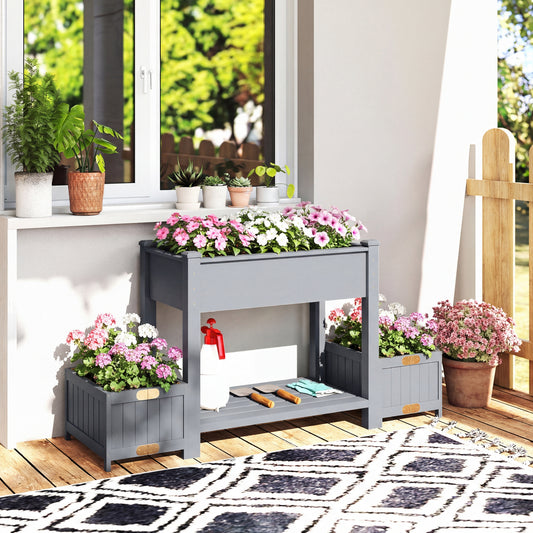 Jardinieră Ridicată cu 2 Ghivece Laterale și Raft pentru Unelte, din Lemn de Brad, 149x46x76 cm, Gri