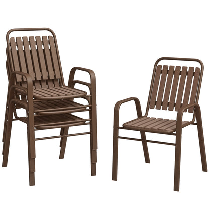 Set 4 Scaune de Exterior Stivuibile cu Spătar Înalt și Brațe, din Oțel și PP, 56x66x91 cm, Maro Închis